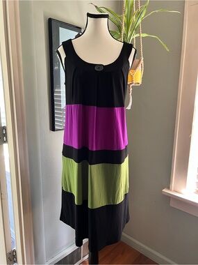 Blu Sage sz M colorblock sleeveless shift dress horizontal panels, tie rear .